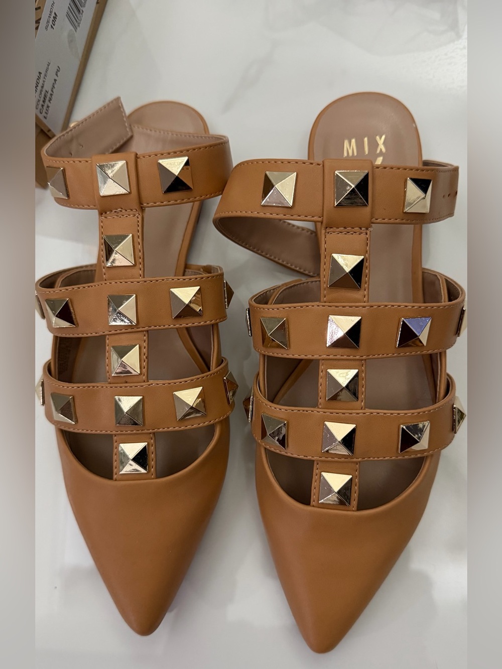 Mix No. 6 India Stud Flat - Studded Pointed Flat Sandals Camel Gold hardware NWT